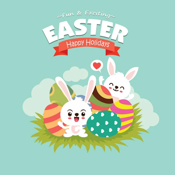 Vintage Easter Egg Poster Design Vector Easter Bunny Character — Stock Vector