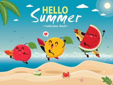 Vintage yaz poster tasarımı vektör karpuz, şeftali, elma ve sörf tahtası karakterler.