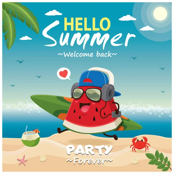 Vintage Sommer Poster Design Mit Vektor Wassermelone Surfbrett Charaktere — Stockvektor