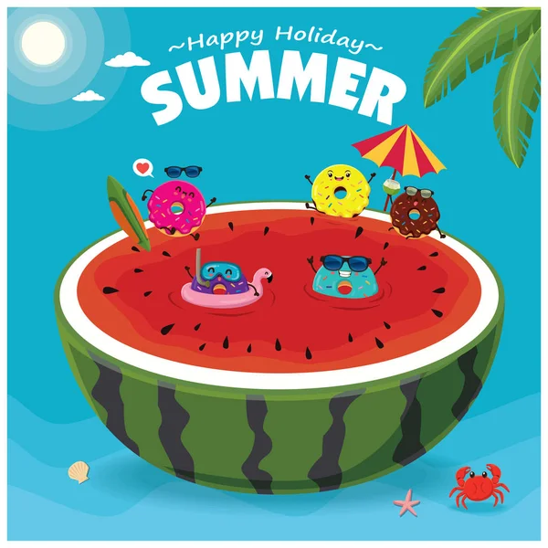 Vintage Sommer Poster Design Mit Vektor Donuts Wassermelone Surfbrett Sonnenbrille — Stockvektor