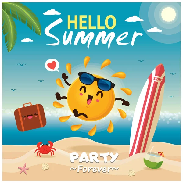 复古夏季海报设计与矢量太阳 冲浪板 行李字符 — 图库矢量图片