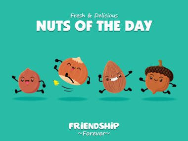 Vektör badem, fıstık, meşe palamudu, fındık karakterleri ile Vintage gıda poster tasarımı.