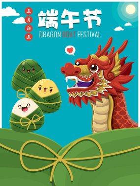 Vintage Çin pirinç köfte çizgi film karakteri ve ejderha tekne. Dragon boat festival illüstrasyon. (Başlık: Dragon Boat Festivali, Mayıs 5 gün)