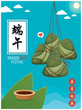 Klasik Çin usulü pirinç köftesi çizgi film karakteri. Ejderha teknesi festivali illüstrasyonu. (Başlık: Ejder Gemisi Festivali, 5 Mayıs)