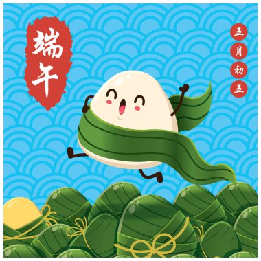 Klasik Çin usulü pirinç köftesi çizgi film karakteri. Ejderha teknesi festivali illüstrasyonu. (Başlık: Ejder Gemisi Festivali, 5 Mayıs)