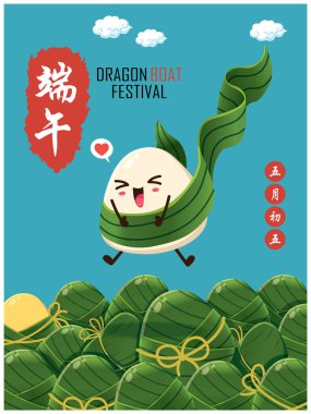 Klasik Çin usulü pirinç köftesi çizgi film karakteri. Ejderha teknesi festivali illüstrasyonu. (Başlık: Ejder Gemisi Festivali, 5 Mayıs)
