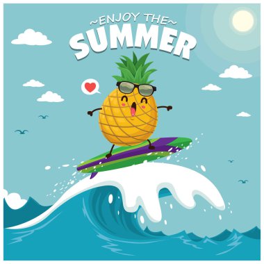 Vintage yaz poster tasarımı vektör ananas ve Güneş gözlükleri karakterler ile.