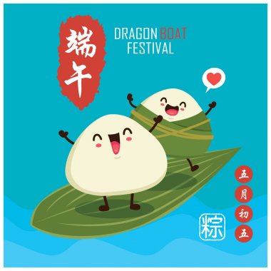 Klasik Çin usulü pirinç köftesi çizgi film karakteri. Ejderha teknesi festivali illüstrasyonu. (Başlık: Ejder Gemisi Festivali, 5 Mayıs)