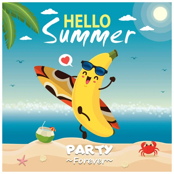 复古夏季海报设计与矢量香蕉 冲浪板字符 — 图库矢量图片