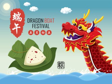 Klasik Çin usulü pirinç köftesi çizgi film karakteri. Ejderha teknesi festivali illüstrasyonu. (Başlık: Ejder Gemisi Festivali, 5 Mayıs)