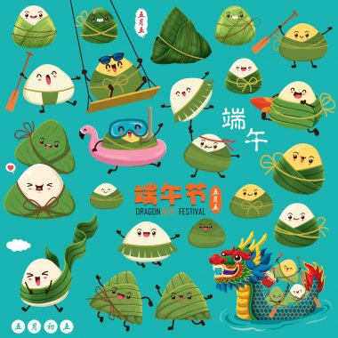 Vintage Çin pirinç köfte çizgi film karakteri ve ejderha tekne. Dragon boat festival illüstrasyon. (Başlık: Dragon Boat Festivali, Mayıs 5 gün)