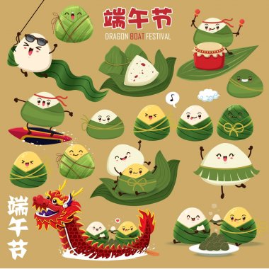 Vintage Çin pirinç köfte çizgi film karakteri ve ejderha tekne. Dragon boat festival illüstrasyon. (Başlık: Dragon Boat Festivali, Mayıs 5 gün)