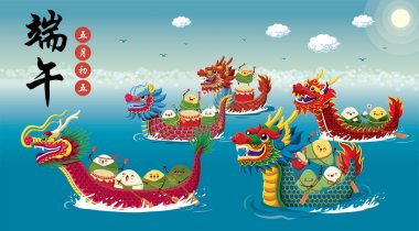 Vintage Çin pirinç köfte çizgi film karakteri ve ejderha tekne. Dragon boat festival illüstrasyon. (Başlık: Dragon Boat Festivali, Mayıs 5 gün)