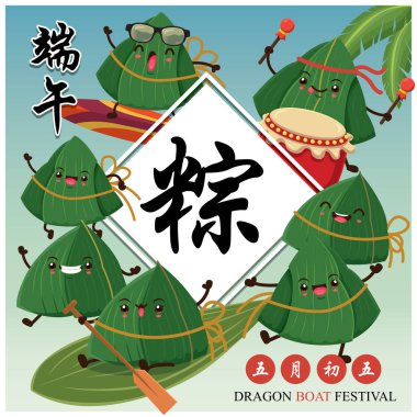 Klasik Çin usulü pirinç köftesi çizgi film karakteri. Ejderha teknesi festivali illüstrasyonu. (Başlık: Ejder Gemisi Festivali, 5 Mayıs)