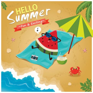 Vintage yaz poster tasarımı vektör karpuz karakterlerle.