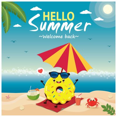 Vintage yaz poster tasarımı vektör donuts karakterlerle.