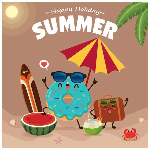 Vintage Summer Poster Design Vector Donuts Characters — Stock Vector