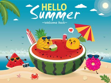 Vektör karpuz, ananas, donut, limon & sörf tahtası karakterleri ile Vintage yaz afiş tasarımı.