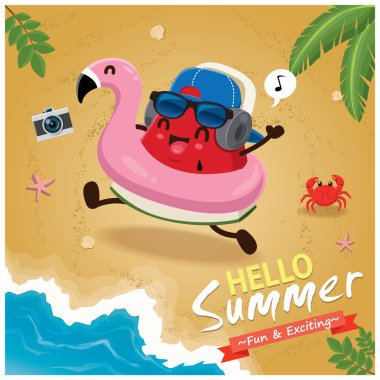 Vektör karpuz, güneş gözlüğü karakterleri ile Vintage yaz poster tasarımı.