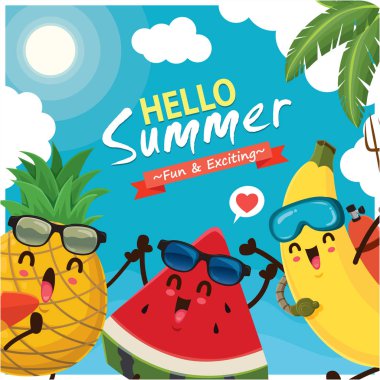 Vektör karpuz, ananas, muz ve sörf tahtası karakterleri ile Vintage yaz afiş tasarımı.