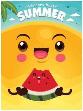 Vektör güneş, karpuz ve güneş gözlüğü karakterleri ile Vintage yaz afiş tasarımı.