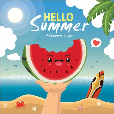 Vintage yaz poster tasarımı vektör karpuz ve Güneş gözlükleri karakterler ile.