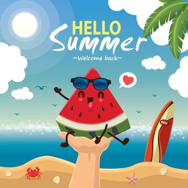 Vintage yaz poster tasarımı vektör karpuz ve Güneş gözlükleri karakterler ile.