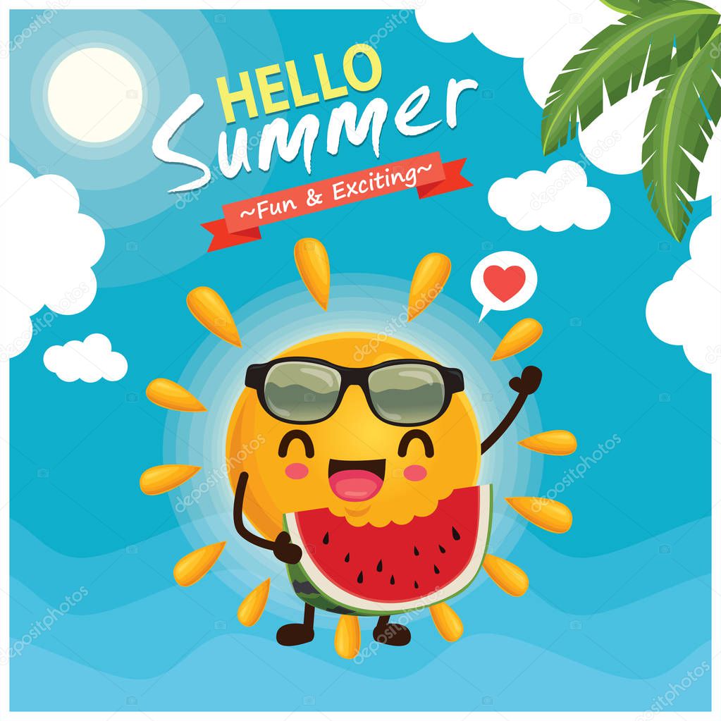 Vintage summer poster design with vector sun, watermelon & sunglasses characters.