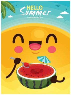 Vektör güneş, karpuz karakterleri ile Vintage yaz afiş tasarımı.