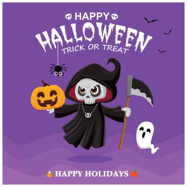 Vektör reaper, kabak, hayalet karakter ile Vintage Halloween poster tasarımı. 
