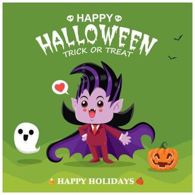 Vektör vampir, hayalet, kabak karakteri ile Vintage Halloween poster tasarımı. 