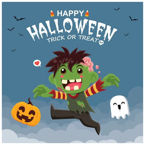 Vintage Halloween Poster Design Con Vettore Zombie Fantasma Personaggio Zucca — Vettoriale Stock
