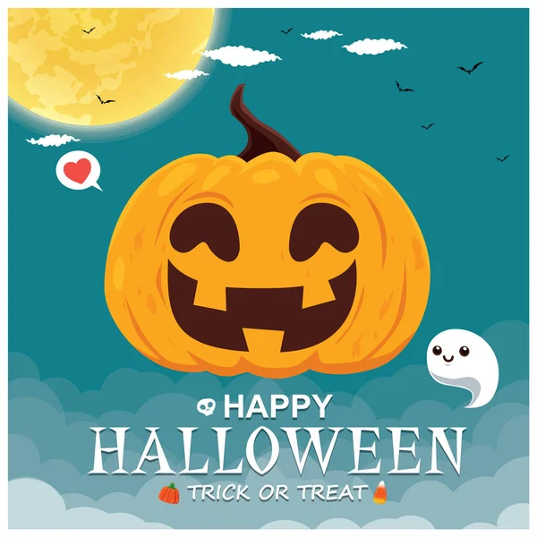 Design Cartaz Halloween Vintage Com Vetor Fantasma Personagem Abóbora —  Vetores de Stock