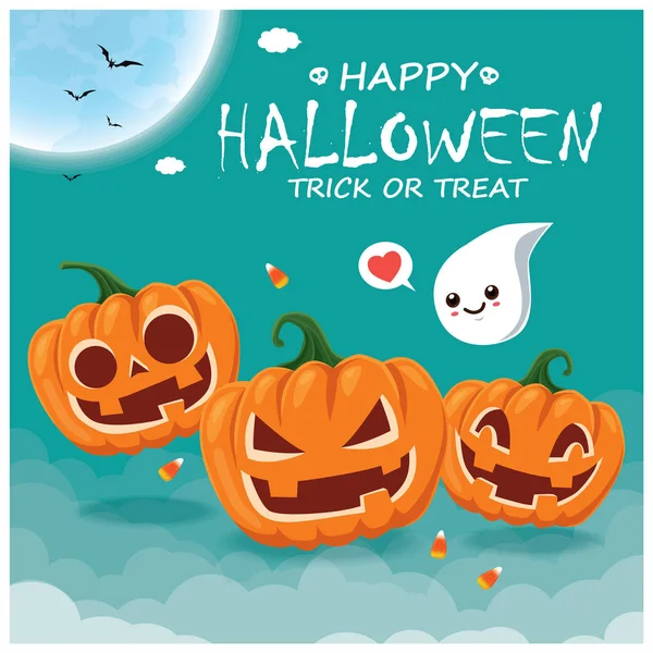 Poster Halloween Design Vintage Avec Fantôme Vectoriel Caractère Citrouille — Image vectorielle