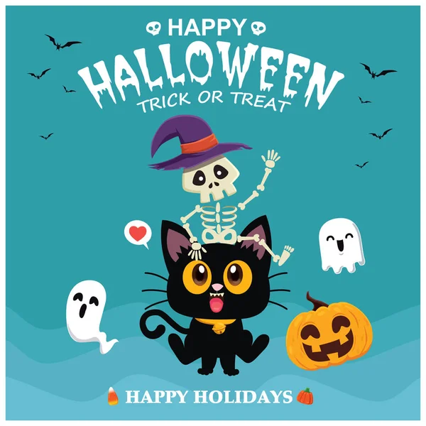 Diseño Póster Halloween Vintage Con Esqueleto Vectorial Gato Fantasma Carácter — Archivo Imágenes Vectoriales