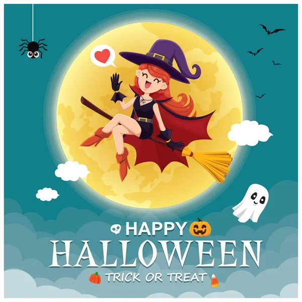 Design Cartaz Halloween Vintage Com Vetor Bruxa Abóbora Fantasma Personagem — Vetor de Stock