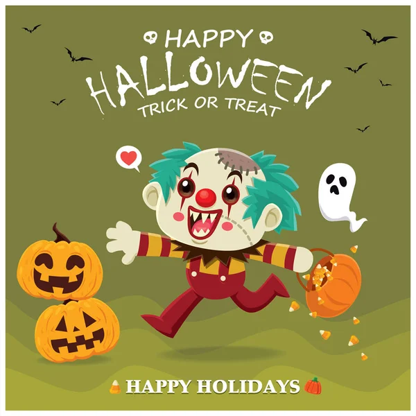 Vintage Halloween Poster Design Vector Clown Ghost Pumpkin Character — Stock Vector