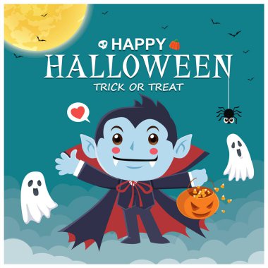 Vektör vampir, hayalet, kabak karakteri ile Vintage Halloween poster tasarımı. 