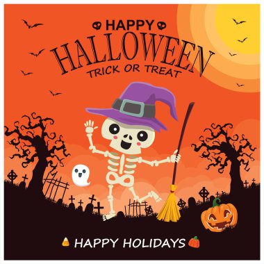 Vektör cadı, kabak, hayalet karakter ile Vintage Halloween poster tasarımı. 