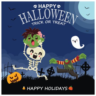 Vektör iskelet, zombi, hayalet, kabak karakteri ile Vintage Halloween poster tasarımı. 