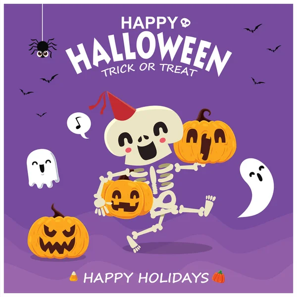 Desain Poster Halloween Kuno Dengan Kerangka Vektor Hantu Karakter Labu - Stok Vektor