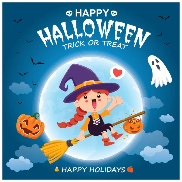 Desain Poster Halloween Kuno Dengan Penyihir Vektor Labu Hantu Karakter - Stok Vektor