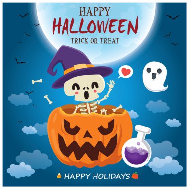 Vektör iskelet, hayalet, kabak karakteri ile Vintage Halloween poster tasarımı. 