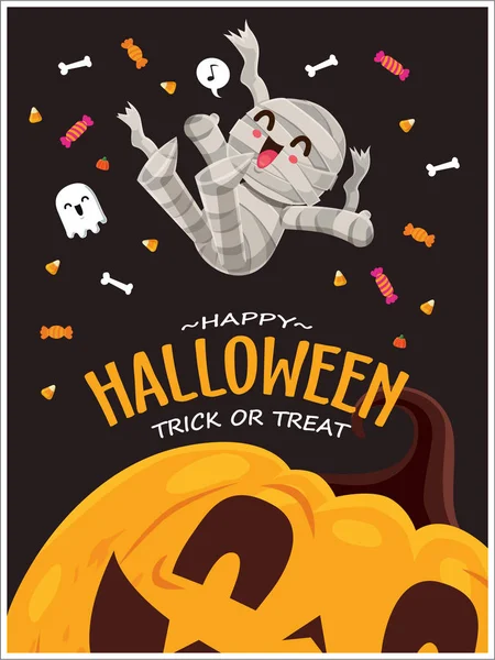 Vintage Halloween Plakát Design Vektorem Mumie Duch Charakter — Stockový vektor