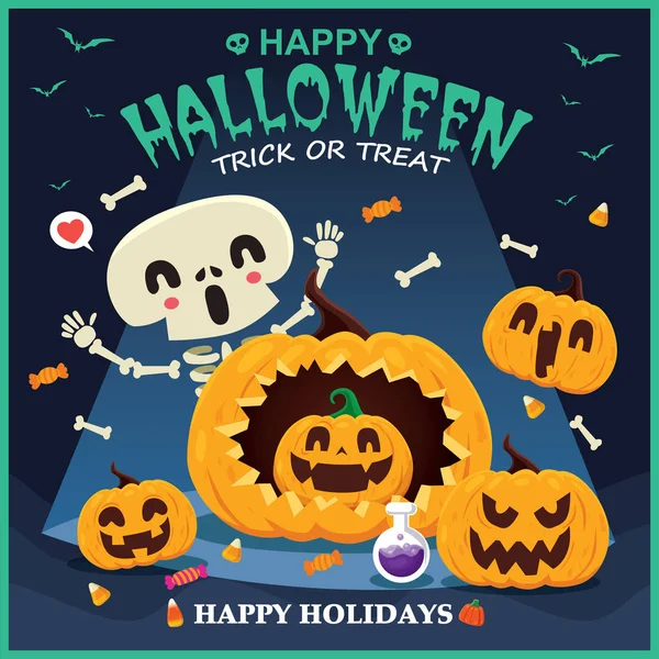 Design Cartaz Halloween Vintage Com Esqueleto Vetorial Fantasma Personagem Abóbora —  Vetores de Stock