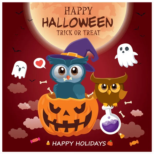 Vintage Halloween Poster Design Vector Owl Cat Ghost Potion Pumpkin — Stock Vector