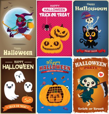 Cadılar Bayramı poster tasarımı vektör cadı, orakçı, iskelet, kedi, hayalet, balkabağı, karakter. 