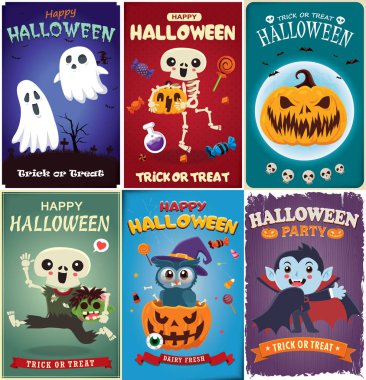 Eski Cadılar Bayramı poster tasarımı vektör cadı, iskelet, hayalet, vampir, zombi, baykuş, balkabağı, karakter. 