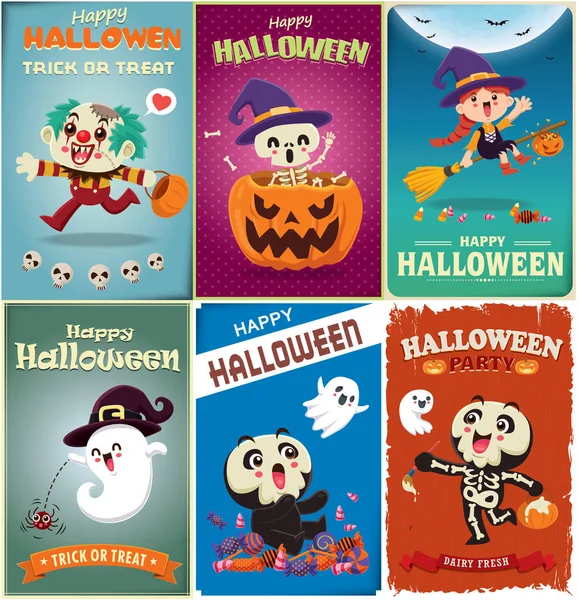 Vintage Halloween Poszter Design Vektor Bohóc Boszorkány Csontváz Szellem Pók — Stock Vector