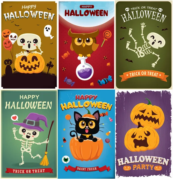 Vintage Halloween Poster Design Vector Witch Skeleton Ghost Vampire Owl — Stock Vector